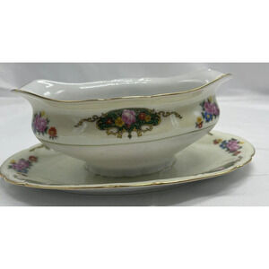 Vintage 1940's Hand Painted Kongo China Gravy Boat attached underplate